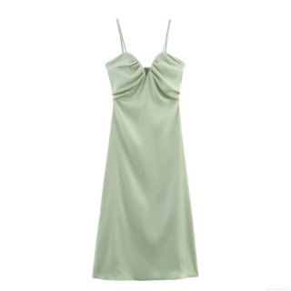 Women Elegant Mint Green Satin Midi Slip Dress With V-Neck Ruched Bust Adjustable Spaghetti Straps Back Zipper Silk Feel Drape A-Line Party Wedding Guest Socialite Evening Dress