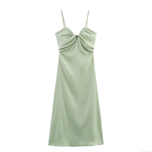 Women Elegant Mint Green Satin Midi Slip Dress With V-Neck Ruched Bust Adjustable Spaghetti Straps Back Zipper Silk Feel Drape A-Line Party Wedding Guest Socialite Evening Dress