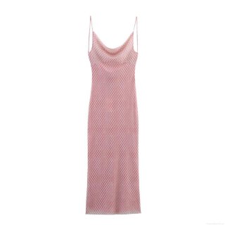 French Style Pink Harlequin Check Mesh Maxi Dress Women Sexy Backless Cowl Neck Spaghetti Strap Party Evening Elegant Long Dress