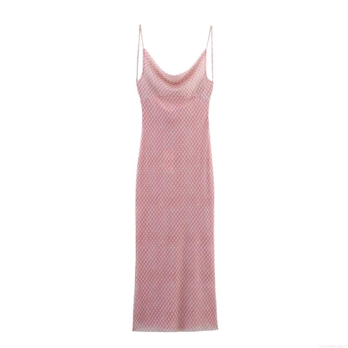 French Style Pink Harlequin Check Mesh Maxi Dress Women Sexy Backless Cowl Neck Spaghetti Strap Party Evening Elegant Long Dress