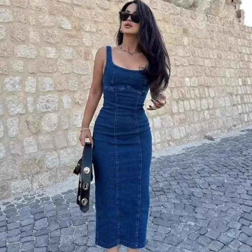 Women's Sexy Square Neck Denim Bodycon Dress Sleeveless Back Zipper Split Midi Jeans Dress For Streetwear Party Elegant Slim Fit Sling Long Dress Blue