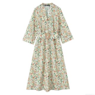 Women's V-Neck Floral Print Midi Dress Elegant Polyester Nine-Point Sleeve A-Line Dress with Belt and Buttons for Casual Party