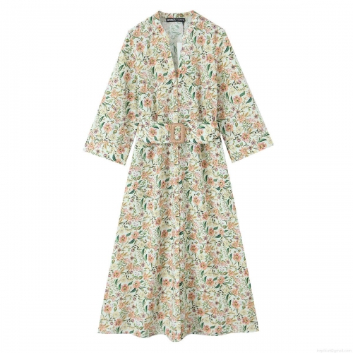 Women's V-Neck Floral Print Midi Dress Elegant Polyester Nine-Point Sleeve A-Line Dress with Belt and Buttons for Casual Party