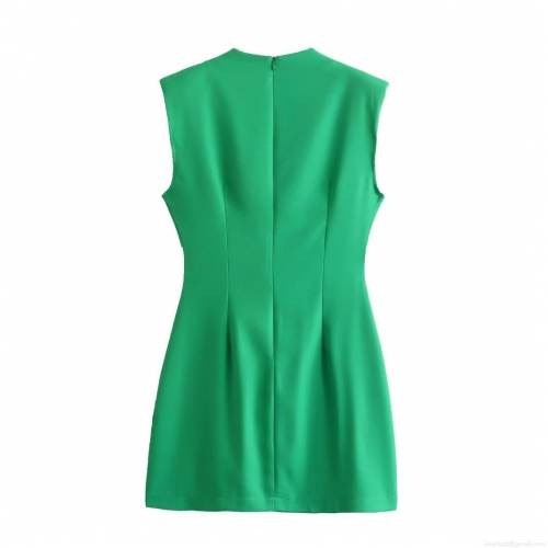Women's Elegant Sleeveless Round Neck Mini Dress Solid Green Slim Fit Polyester Woven Dress With Back Hidden Zipper Casual Party Dress For Women