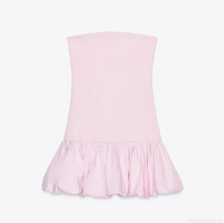 Women Elegant Pink Tube Top Mini Dress Strapless Ruching Balloon Hem Polyester Party Prom Bodycon Sexy Dress