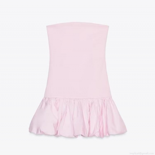 Women Elegant Pink Tube Top Mini Dress Strapless Ruching Balloon Hem Polyester Party Prom Bodycon Sexy Dress