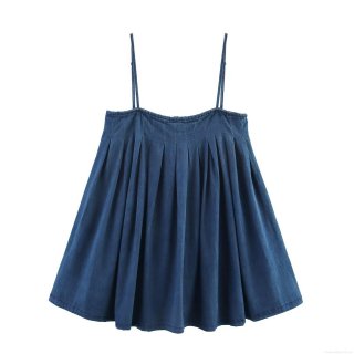 Women Elegant Denim Spaghetti Strap Mini Dress Sexy Solid Blue Pleated Flare A-Line Dress With Back Zipper For Summer Dating Daily Wear