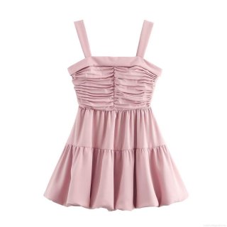 Women's Pink Ruched Camisole Mini Dress Elegant Solid Color Tiered Balloon Hem Sleeveless Cocktail Party Dress For Ladies