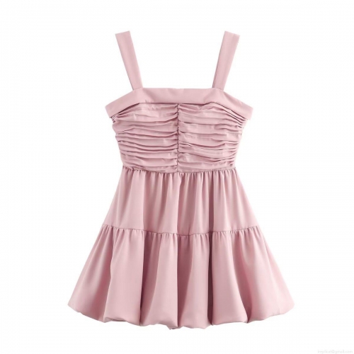 Women's Pink Ruched Camisole Mini Dress Elegant Solid Color Tiered Balloon Hem Sleeveless Cocktail Party Dress For Ladies