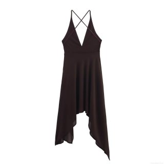Women's Sexy Asymmetric Mesh Dress Deep V-Neck Backless Cross Strap Sleeveless Elegant Party Nightclub Irregular Hem Midi Dress