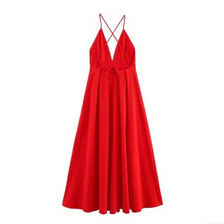 Women Sexy Backless V-Neck Maxi Dress Elegant Cross Strap Sleeveless Solid Red Evening Party Long Dress Polyester Celebrity Style Gown