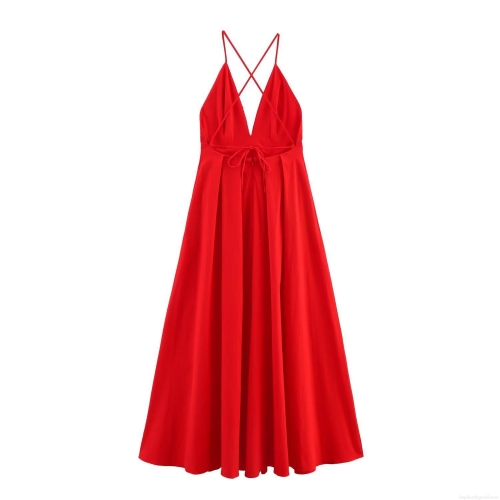 Women Sexy Backless V-Neck Maxi Dress Elegant Cross Strap Sleeveless Solid Red Evening Party Long Dress Polyester Celebrity Style Gown
