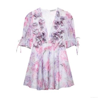 Women's Pink Purple Floral V-Neck Mini Dress With 3D Applique Flowers Backless Short Sleeve Chiffon Party Dress Elegant Summer Skirt