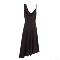 Women's Elegant Asymmetric Cowl Neck Maxi Dress Sleeveless Side Ruching Sexy Mesh Party Evening Long Dress Coffee Brown