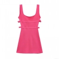 Women's Elegant Rose Red Mercerized Cotton Knit Mini Dress Sleeveless Square Neck Side Cut-out Bow Detail Bodycon Party Dress