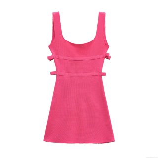 Women's Elegant Rose Red Mercerized Cotton Knit Mini Dress Sleeveless Square Neck Side Cut-out Bow Detail Bodycon Party Dress
