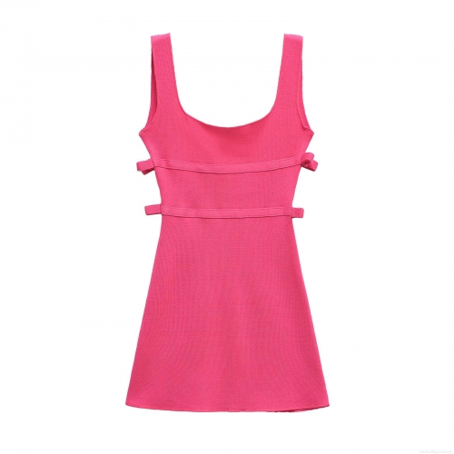 Women's Elegant Rose Red Mercerized Cotton Knit Mini Dress Sleeveless Square Neck Side Cut-out Bow Detail Bodycon Party Dress