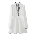 Elegant White Long Sleeve Mini Dress With Contrast Black Trim Tie-Neck Puff Sleeve Polyester Slim Fit Short Dress For Women Party Dating Fashion