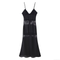 Women's Elegant Black V-Neck Lace Patchwork Maxi Dress Sexy Backless Satin Finish Slip Dress For Evening Party Clubwear