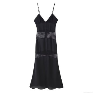 Women's Elegant Black V-Neck Lace Patchwork Maxi Dress Sexy Backless Satin Finish Slip Dress For Evening Party Clubwear