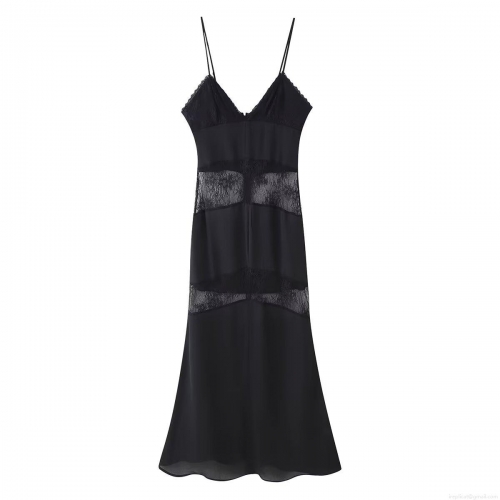 Women's Elegant Black V-Neck Lace Patchwork Maxi Dress Sexy Backless Satin Finish Slip Dress For Evening Party Clubwear
