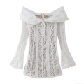 Women White Lace Off-The-Shoulder Dress Elegant Flared Long Sleeve Midi Dress Floral Hollow Out Bow-Knot Decoration Party Dating Lady Evening Wear