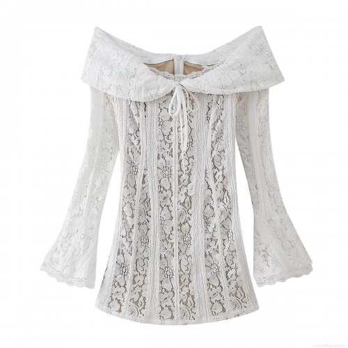 Women White Lace Off-The-Shoulder Dress Elegant Flared Long Sleeve Midi Dress Floral Hollow Out Bow-Knot Decoration Party Dating Lady Evening Wear