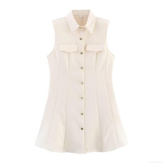 Women's Sleeveless Lapel Mini Dress Elegant Apricot Single Breasted Bodycon Party Vest Dress With Flap Pockets And Shoulder Pads