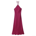 Women's Elegant Sexy Halter Neck Maxi Dress 100% Polyester Woven V-Neck Backless Tie-up Shoulder Straps Summer Vacation Party Long Dress