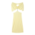 Women's Pale Yellow Knitted Polyester Maxi Dress With Elegant Beads Cut Out Backless Design Bow Tie Detail Sleeveless Slit Long Dress For Vacation Party Socialite Style