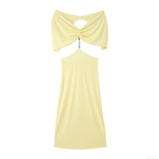 Women's Pale Yellow Knitted Polyester Maxi Dress With Elegant Beads Cut Out Backless Design Bow Tie Detail Sleeveless Slit Long Dress For Vacation Party Socialite Style