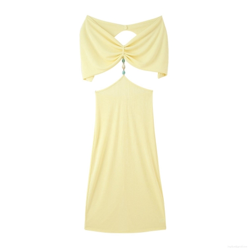 Women's Pale Yellow Knitted Polyester Maxi Dress With Elegant Beads Cut Out Backless Design Bow Tie Detail Sleeveless Slit Long Dress For Vacation Party Socialite Style