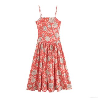 Women Elegant Floral Print Cami Maxi Dress Sexy Backless Ruffle High Waist Linen Like Polyester Long Dress For Summer Beach Vacation Party