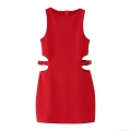 Women Sexy Cut-out Waist Bodycon Mini Dress 100% Polyester Sleeveless Backless Red Dress With Metal Rings For Party Nightclub Clubwear