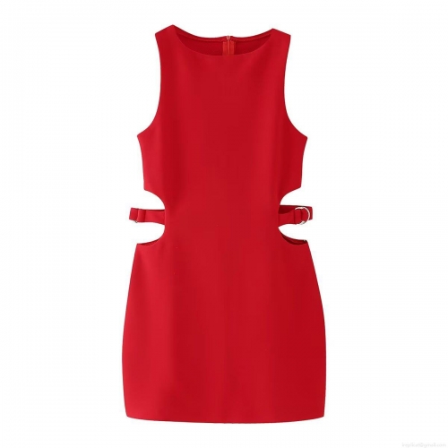 Women Sexy Cut-out Waist Bodycon Mini Dress 100% Polyester Sleeveless Backless Red Dress With Metal Rings For Party Nightclub Clubwear