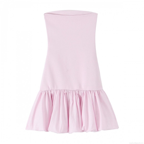 Women's Pink Strapless Ruched Mini Dress Elegant Backless Bubble Hem Bodycon Sexy Party Dress Sleeveless Summer Clubwear Evening Outfit