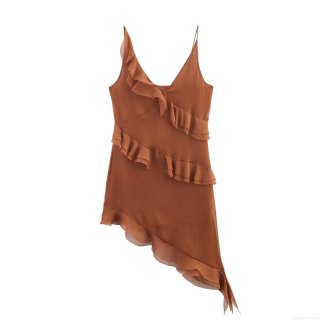 Women's V-Neck Ruffle Asymmetrical Cami Dress Elegant Solid Color Chiffon Split Hem Sleeveless Slim Fit Party Evening Summer Mini Dress