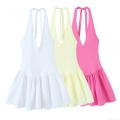 Women Sexy Halter Neck V-Neck Mini Dress Pleated Hem Sleeveless Solid Color Backless Polyester A-Line Party Club Summer Short Dress