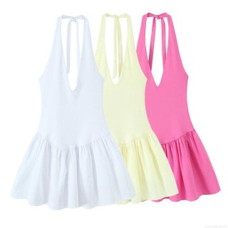 Women Sexy Halter Neck V-Neck Mini Dress Pleated Hem Sleeveless Solid Color Backless Polyester A-Line Party Club Summer Short Dress