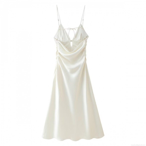 Women Elegant V Neck Satin Cami Maxi Dress Sleeveless Backless Ruched Silk Like Slip Dress For Party Evening Wedding Vacation Lady