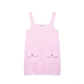 Women's Elegant Knitted Mini Dress Square Neck Sleeveless Backless Solid Pink Sundress With Gold Buttons And Pockets For Summer Party Date Night Fashion Clothing