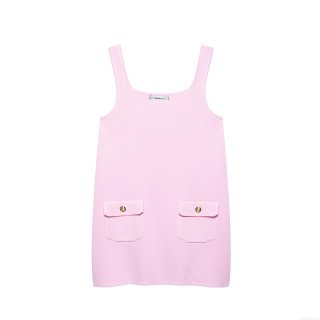 Women's Elegant Knitted Mini Dress Square Neck Sleeveless Backless Solid Pink Sundress With Gold Buttons And Pockets For Summer Party Date Night Fashion Clothing