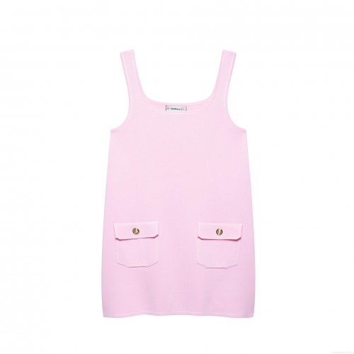 Women's Elegant Knitted Mini Dress Square Neck Sleeveless Backless Solid Pink Sundress With Gold Buttons And Pockets For Summer Party Date Night Fashion Clothing