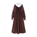 Women's Elegant Retro Embroidery Hollow Out Long Sleeve Maxi Dress 100% Polyester Backless Tie Up Pleated Neckline Solid Color Coffee Long Dress For Party Holiday