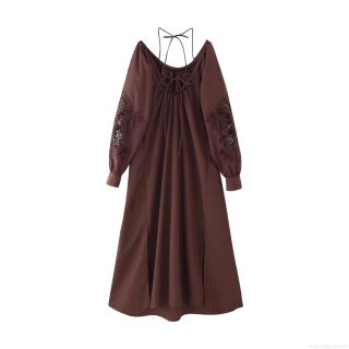 Women's Elegant Retro Embroidery Hollow Out Long Sleeve Maxi Dress 100% Polyester Backless Tie Up Pleated Neckline Solid Color Coffee Long Dress For Party Holiday