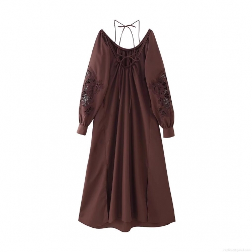 Women's Elegant Retro Embroidery Hollow Out Long Sleeve Maxi Dress 100% Polyester Backless Tie Up Pleated Neckline Solid Color Coffee Long Dress For Party Holiday