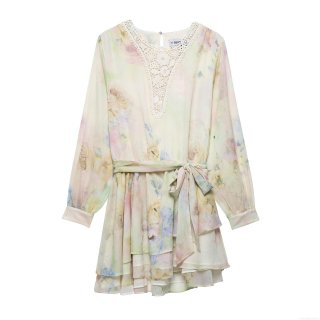 Women's Elegant V-Neck Lace Patchwork Floral Dress Long Sleeve Chiffon Style Ruffle Hem Waist Tie Mini Party Vacation Dresses