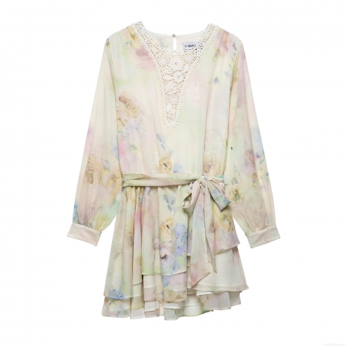 Women's Elegant V-Neck Lace Patchwork Floral Dress Long Sleeve Chiffon Style Ruffle Hem Waist Tie Mini Party Vacation Dresses