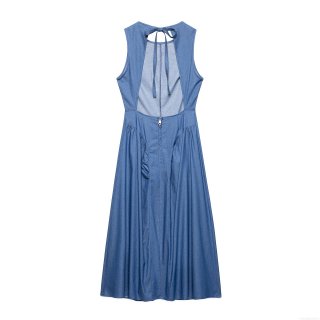 Women Sexy Backless Denim Texture Maxi Dress Sleeveless Hollow Out Halter Neck Tie Back Elegant Solid Blue Party Casual Long Dress