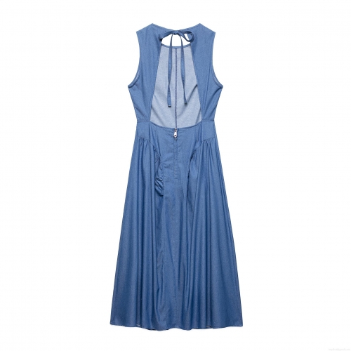 Women Sexy Backless Denim Texture Maxi Dress Sleeveless Hollow Out Halter Neck Tie Back Elegant Solid Blue Party Casual Long Dress